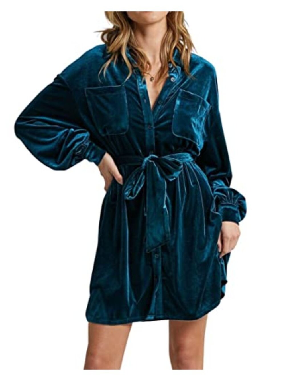 Women's Velvet Button Down Mini Dress with Belt Long Sleeve